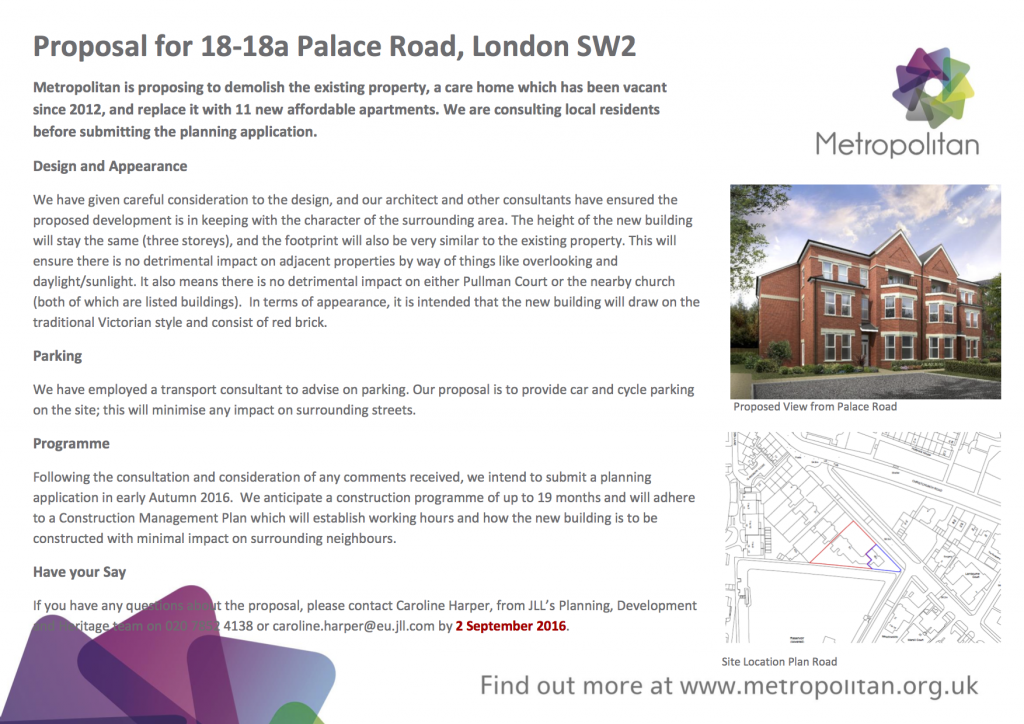 18 and 18a Palace Road Consultation Leaflet